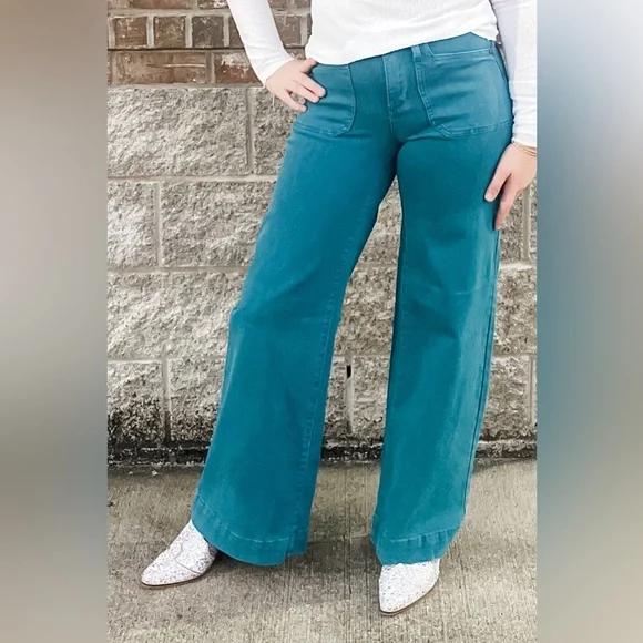 Judy Blue Teal Mid Rise Utility Wide Leg Jeans JB881061REG JB881061PL - Picture 4 of 8